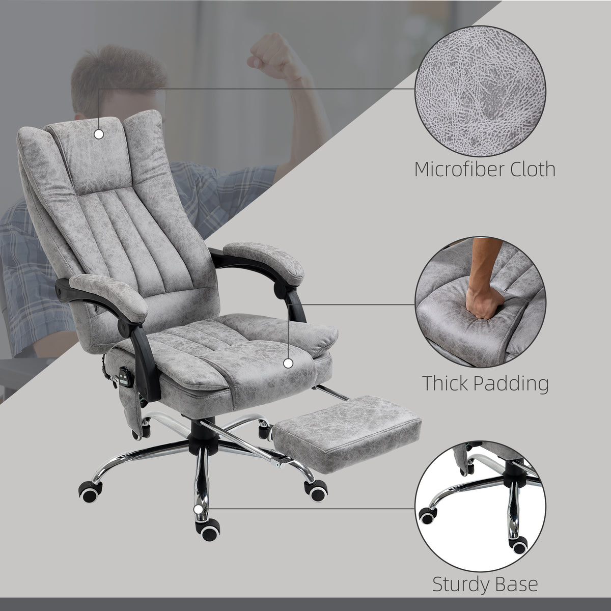 Office Chair with Massage and Heat, Microfibre Reclining Computer Desk Chair with Footrest and Adjustable Height, Swivel Wheels for Home Office, Grey