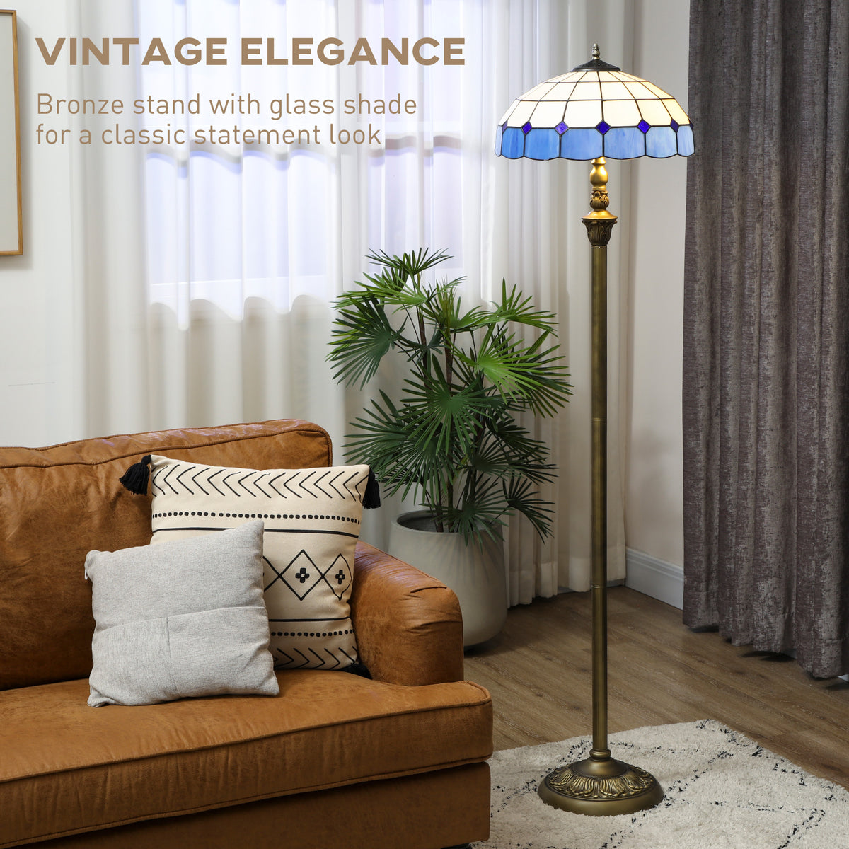 Tiffany-Style Floor Lamp with Handcrafted Stained Glass Shade, 152cm Tall Vintage Standing Lamp with Foot Switch and Dual Sockets for Living Room Bedroom