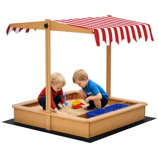 Sand Pit Kids Wooden Sandbox with Cover Children Sandpit Play Station Height Adjustable with Canopy, Bottom Liner, Plastic Basins for Outdoor Aged 3-7 Years