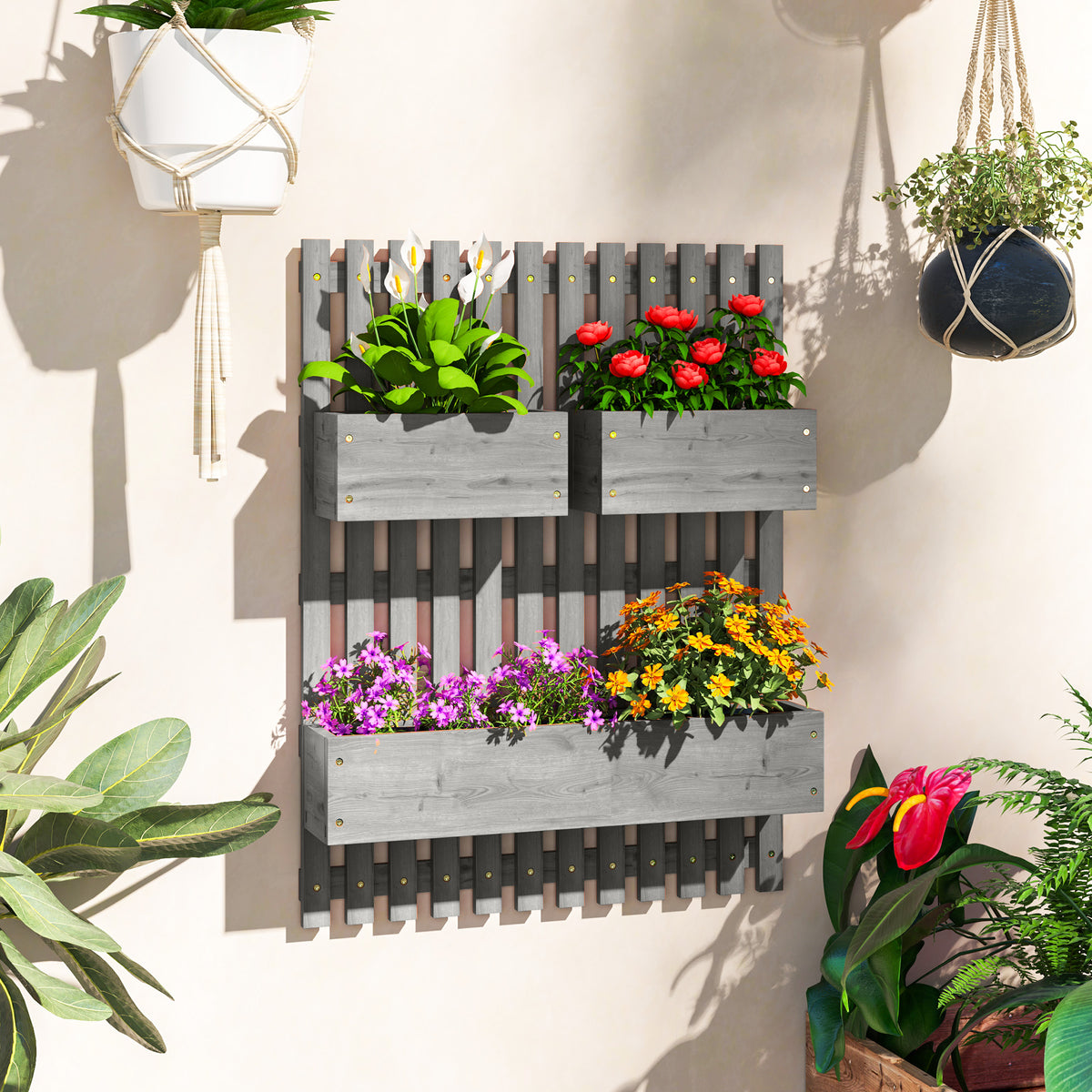Wall-mounted Wooden Garden Planters with Trellis, Drainage Holes and 3 Planter Boxes for Patio