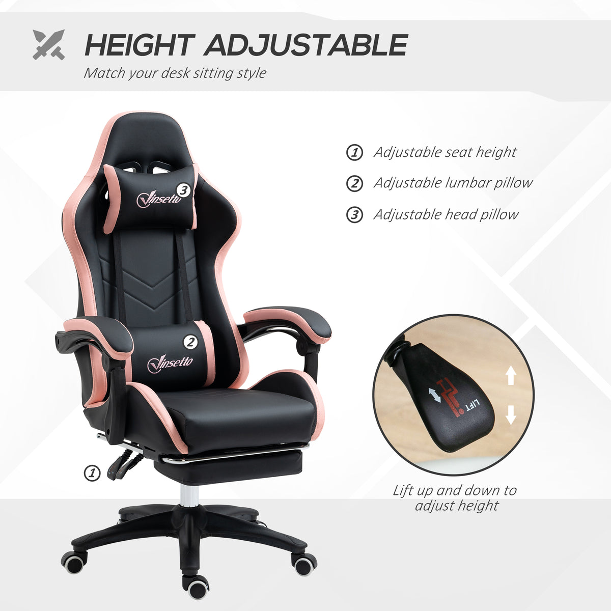 Gaming Chair, Computer Gamer Chair with Reclining High Back, Headrest, Lumbar Support, Footrest, Swivel Wheels, PU Leather, Adjustable Height for Home, Black and Pink