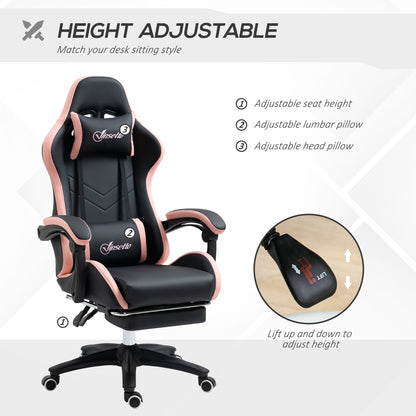 Gaming Chair, Computer Gamer Chair with Reclining High Back, Headrest, Lumbar Support, Footrest, Swivel Wheels, PU Leather, Adjustable Height for Home, Black and Pink