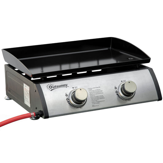 Gas Plancha Barbecue Grill with 2 Stainless Steel Burner, 5kW, Portable Tabletop Gas BBQ with Non-Stick Griddle for Camping Picnic Garden Party Festival