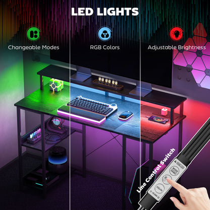 LED Computer Desk, with Power Outlets and Shelves