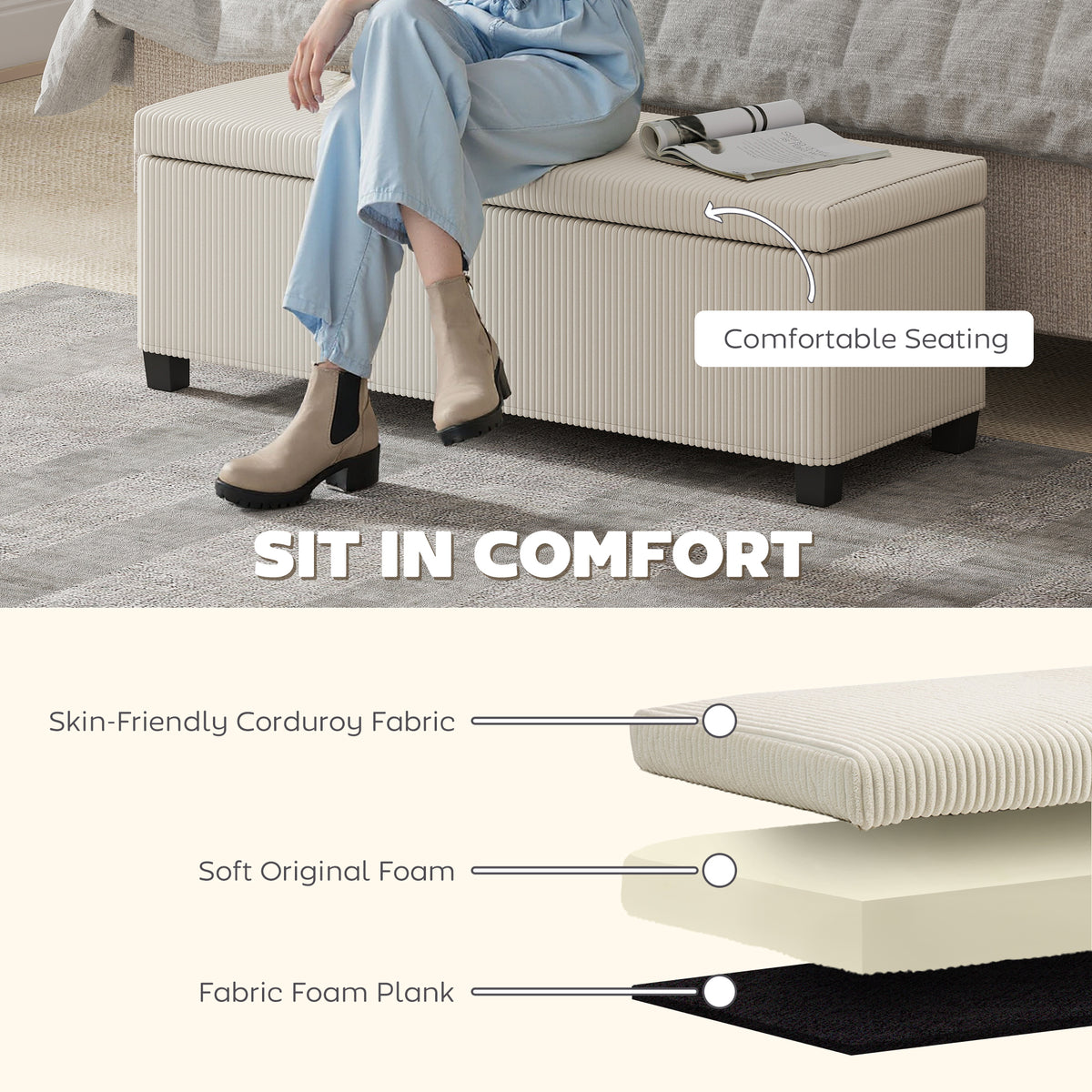 Storage Ottoman Bench, Corduroy Storage Chest Box with Wooden Legs, 112cm Bed End Bench for Living Room, Bedroom, Entryway, Hallway