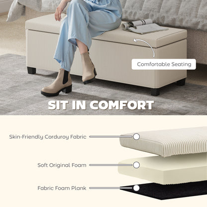 Storage Ottoman Bench, Corduroy Storage Chest Box with Wooden Legs, 112cm Bed End Bench for Living Room, Bedroom, Entryway, Hallway