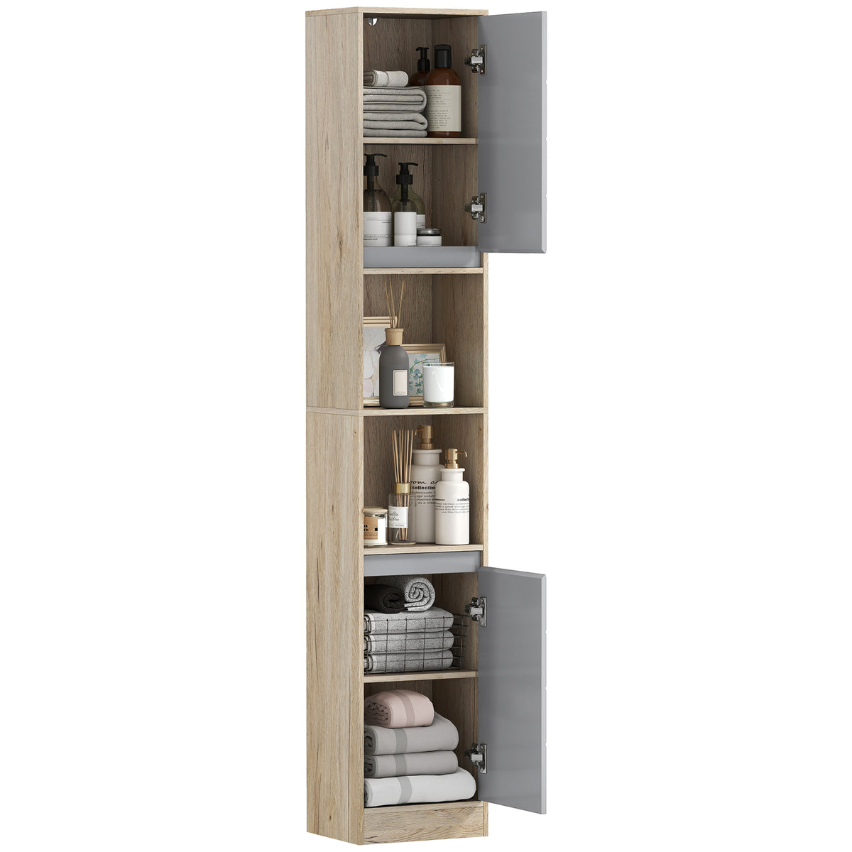Narrow Bathroom Cabinet, Slim Bathroom Storage Unit with Open Compartment, Freestanding Storage Cupboard with Adjustable Shelves for Small Spaces, 30 x 24 x 170 cm