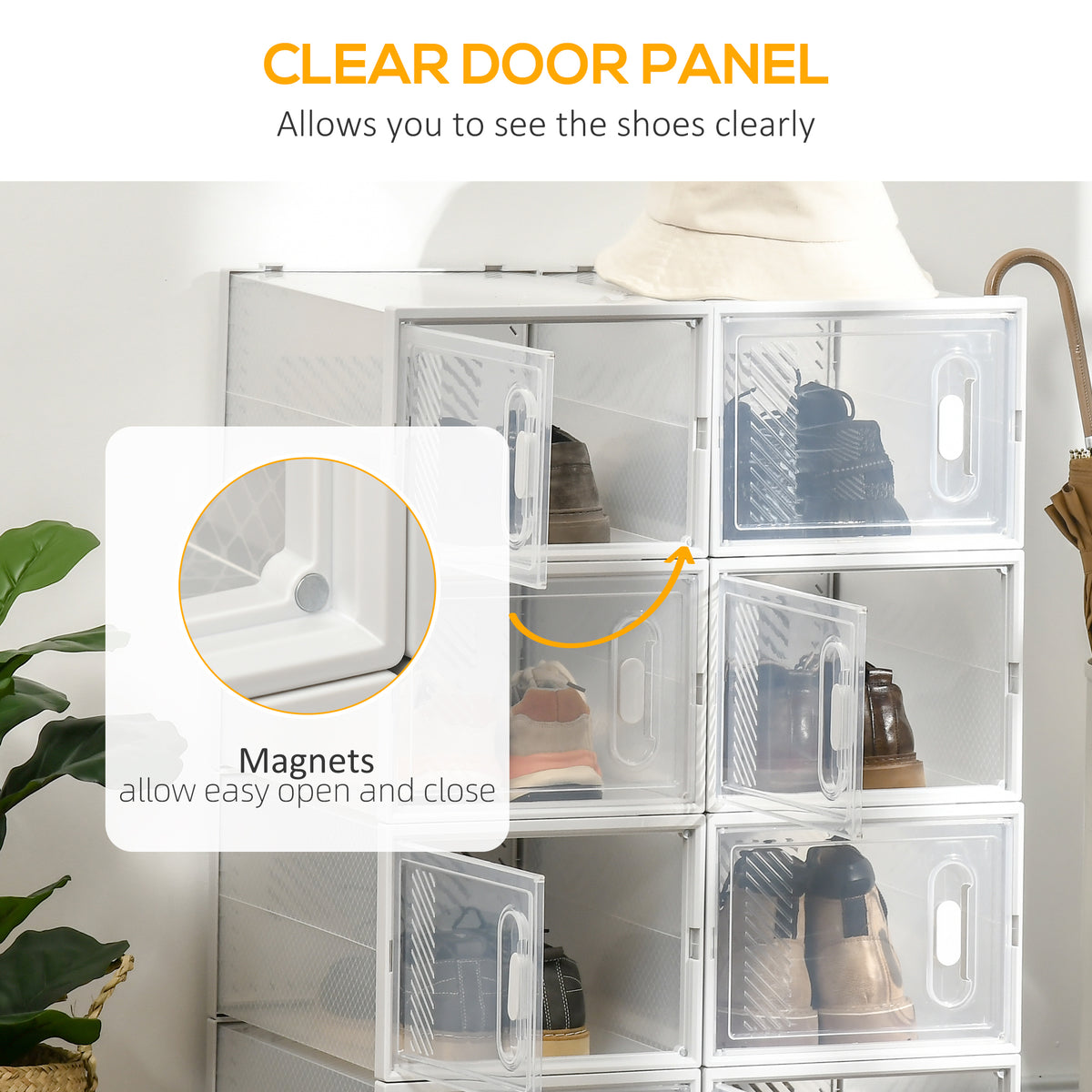 8PCS Clear Shoe Box, Plastic Stackable Shoe Storage Box for UK/EU Size up to 12/46 with Magnetic Door for Women/Men, 28 x 36 x 21 cm