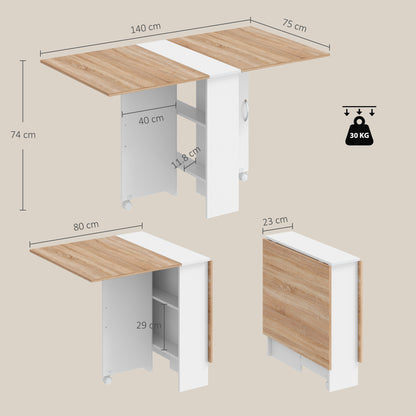 Folding Dining Table, Drop Leaf Table with 2-Tier Shelves, Rolling Casters, White and Natural
