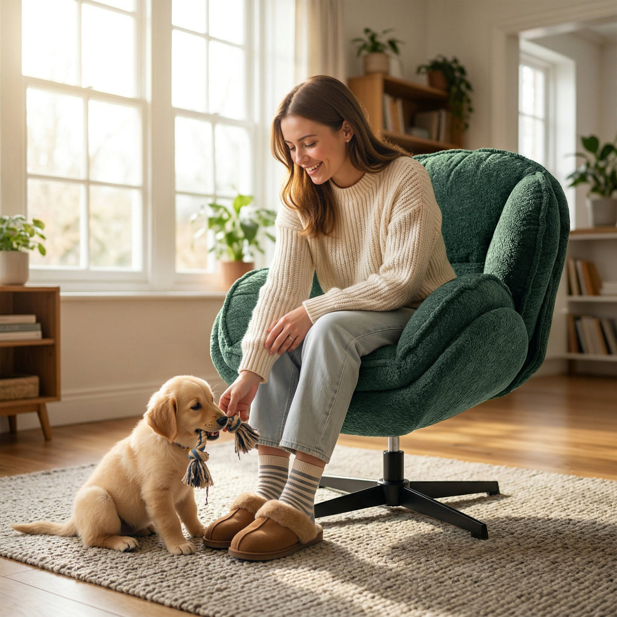 Modern Wingback Accent Chair, Velvet Armchair with Four-Star Base, S-Springs, Swivel