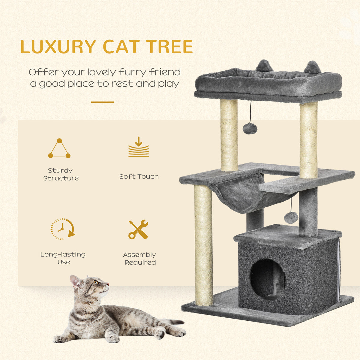 Cat Tree, 90cm Cat Tower with Sisal Scratching Posts, Cat Condo, Hammock, Top Perch and 2 Hanging Toys for Cats