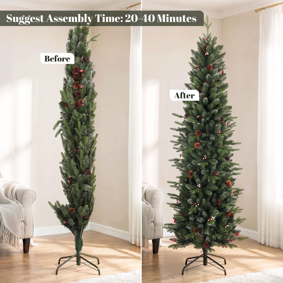 Slim Gracious Pine Xmas Tree, 7ft/210cm Artificial Christmas Tree with 904 Branch Tips, Foldable Steel Stand, Green