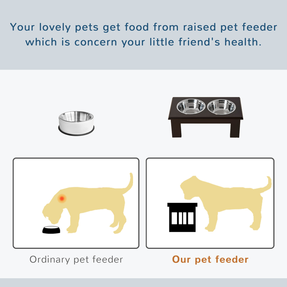 Raised Dog Feeding Bowls with Stand, Stainless Steel for Medium Dog, 58L x 31W x 25H cm - Brown