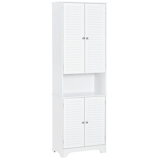 Tall Freestanding Bathroom Cabinet Retro Shutters w/ 3 Compartments Shelves Elevated Base Narrow Organiser White 60L x 30W x 182.5H cm