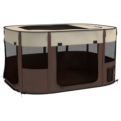 Foldable Dog Pen with Storage Bag for Indoor/Outdoor Use, Portable Pet playpen, with Ground Stakes - Brown