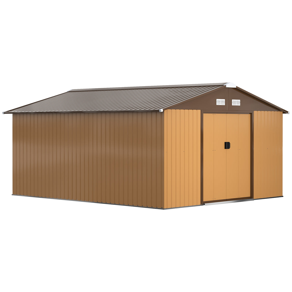 13 x 11ft Metal Garden Shed, Waterproof Outdoor Bike Storage Shed Galvanised with Vents, Foundation Kit, Apex Roof and Lockable Double Doors for Patio Lawn, Light Brown