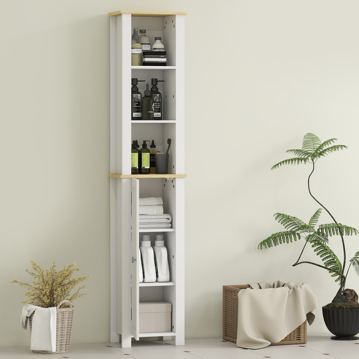 Slim Bathroom Storage Unit with Open Compartment, Bathroom Storage Cabinet with Adjustable Shelf, 34 x 23 x 165 cm, White