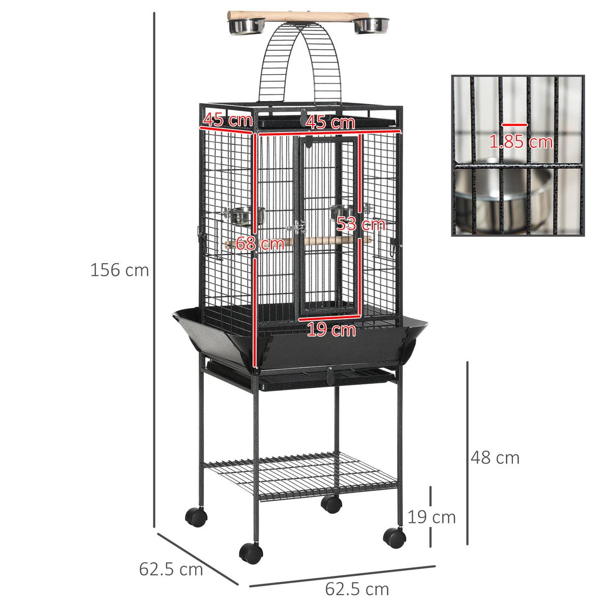 156cm Bird Cage, Parrot Cage with Open Play Top, Perch, Seed Guard, Wheels, Storage Shelf, Dark Grey
