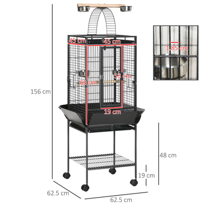 156cm Bird Cage, Parrot Cage with Open Play Top, Perch, Seed Guard, Wheels, Storage Shelf, Dark Grey