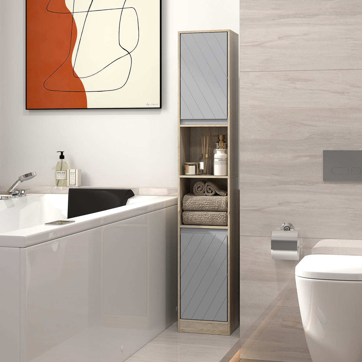 Narrow Bathroom Cabinet, Slim Bathroom Storage Unit with Open Compartment, Freestanding Storage Cupboard with Adjustable Shelves for Small Spaces, 30 x 24 x 170 cm