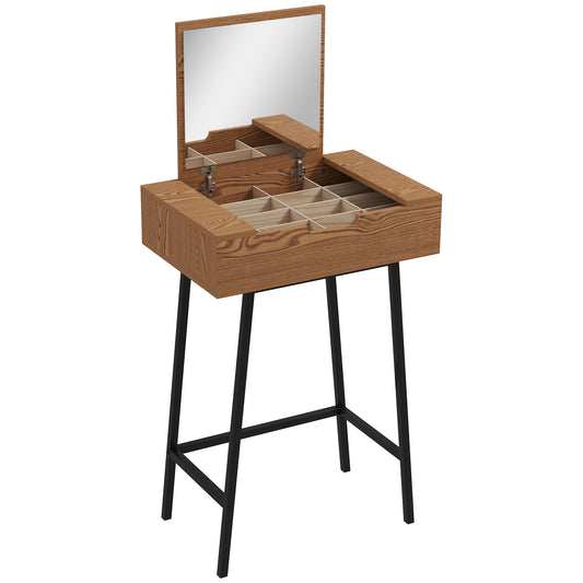 Vanity Desk with Flip-Up Mirror, Industrial Dressing Table with 16 Small Compartments for Bedroom, Natural Wood Effect
