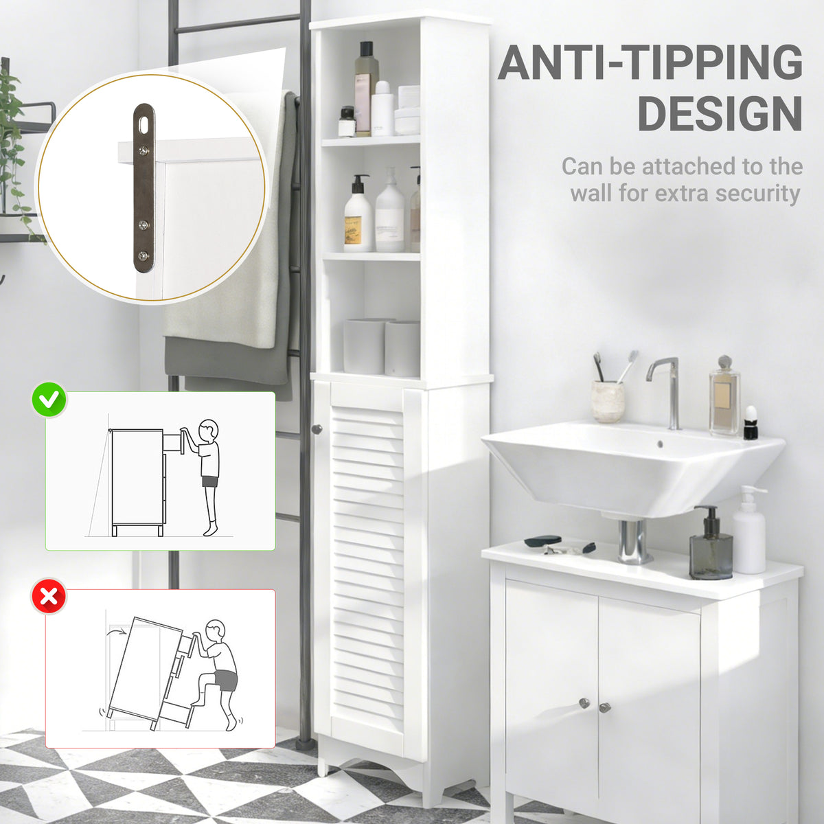 Tall Bathroom Cabinet, Freestanding Slim Bathroom Storage Unit with Adjustable Shelves and Shutter Door, Floor Storage Cupboard with 6 Shelves, 165H x 34W x 20D cm, White