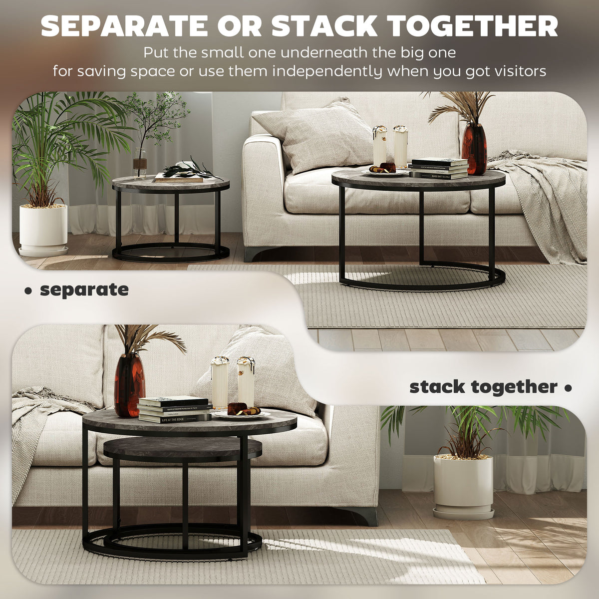 Industrial Nesting Coffee Table Set of 2, Round Coffee Tables, Living Room Table with Faux Marbled Top and Steel Frame