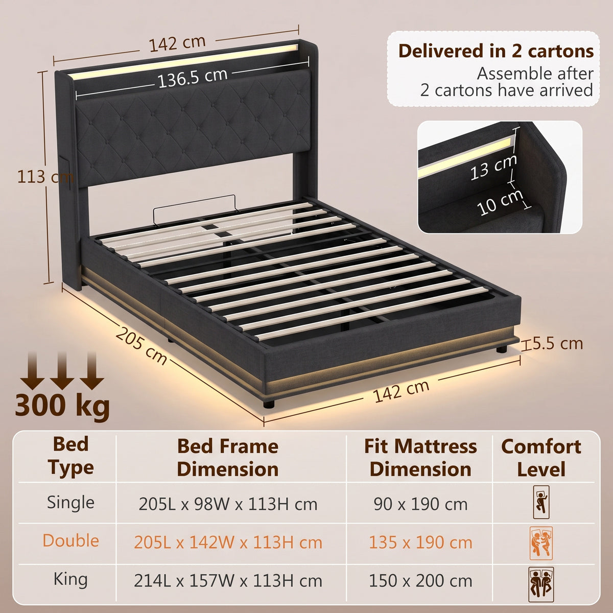 4ft6 Double Bed Frame with Headboard, Platform Bed Frame with Hydraulic Storage, LED Lights and Charging Station, Black