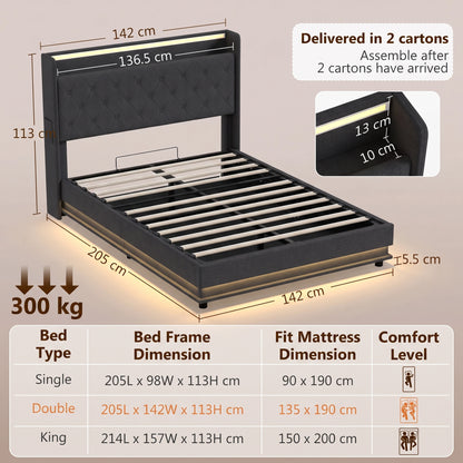 4ft6 Double Bed Frame with Headboard, Platform Bed Frame with Hydraulic Storage, LED Lights and Charging Station, Black