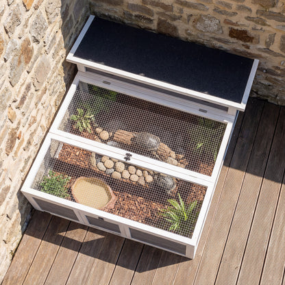 Wooden Tortoise House, Tortoise Enclosure with Clear Observation Window, Top Opening, Multiple Doors, Galvanised Mesh