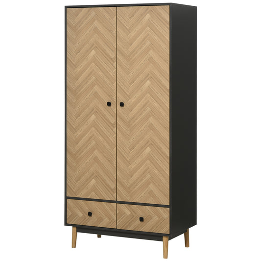 Modern Wardrobe Cabinet Wood-Effect Sticker Surface with 2 Hanging Rods, 2 Storage Shelves and 2 Drawers, 90 x 50 x 190 cm, Dark Grey