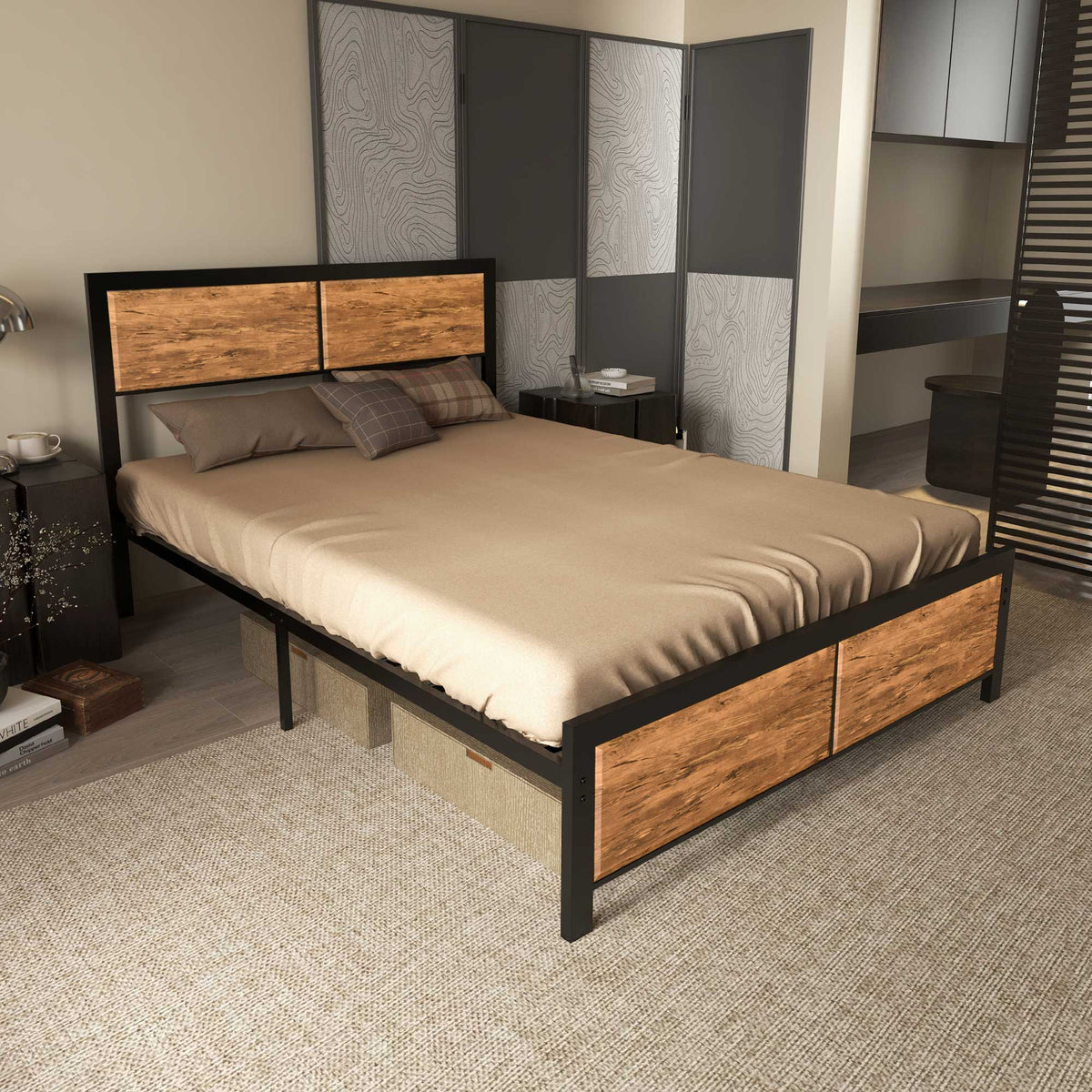 Industrial Double Bed Frame, 5FT Steel Bed Base with Headboard, Footboard, Slatted Support and Under Bed Storage, 142 x 195cm, Rustic Brown