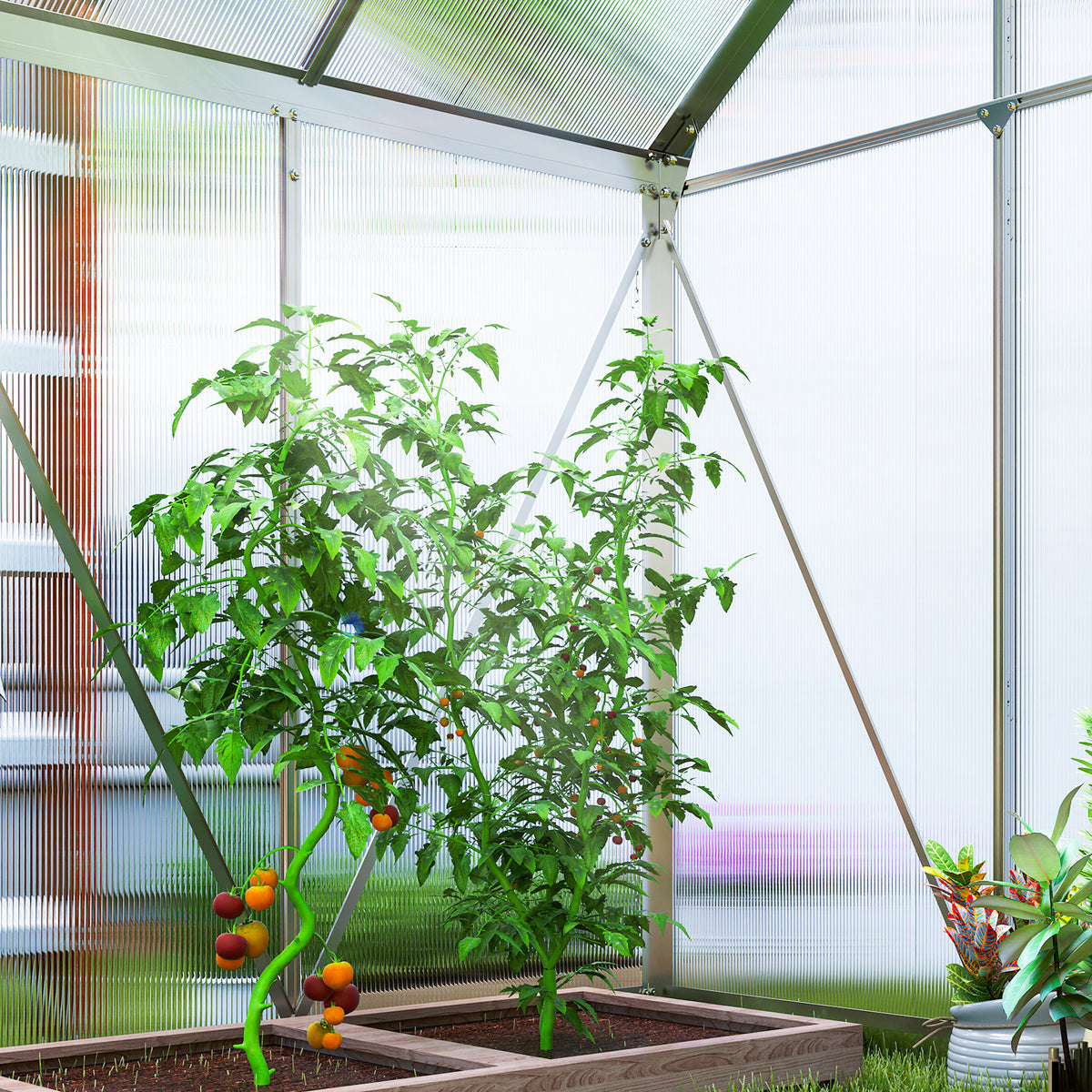 192.5 x 131cm Walk-In Polycarbonate Greenhouse - Silver-Tone