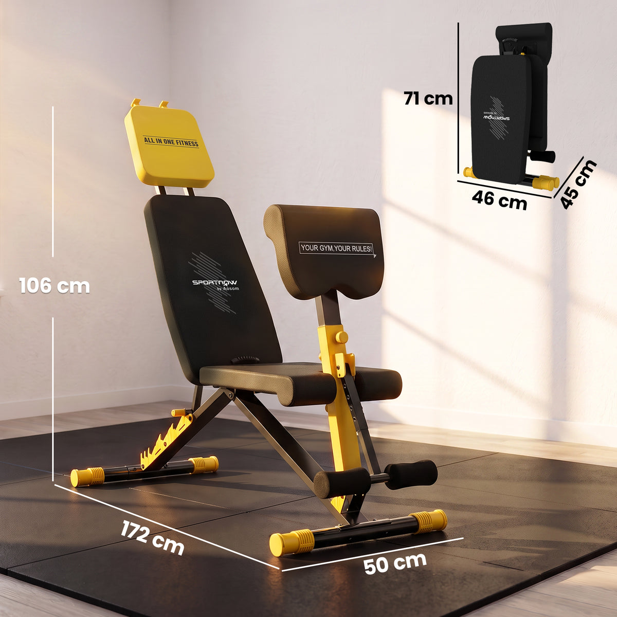 Adjustable Weight Bench for Home Gym, 300kg Incline Decline Flat Foldable Bench Press with 6 Backrest Positions, Yellow