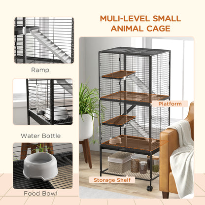 Rolling Chinchilla Cage, Small Animal Cage for Ferrets w/ Three Doors, Storage, Shelf, Tray, Bowl, Water Bottle