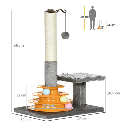 56cm Cat Tree Tower Activity Centre, Climbing Stand Kitten House Furniture w/ Scratching Posts, Toy Ball - Grey