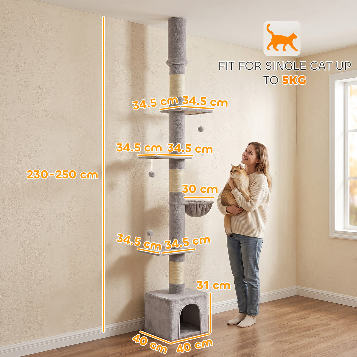 Floor to Ceiling Cat Tree, 230-250cm Multi-Level Cat Tower with Adjustable Height, Scratching Posts, Condo, Platforms