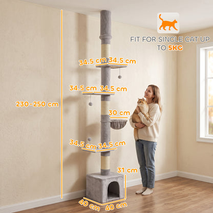 Floor to Ceiling Cat Tree, 230-250cm Multi-Level Cat Tower with Adjustable Height, Scratching Posts, Condo, Platforms