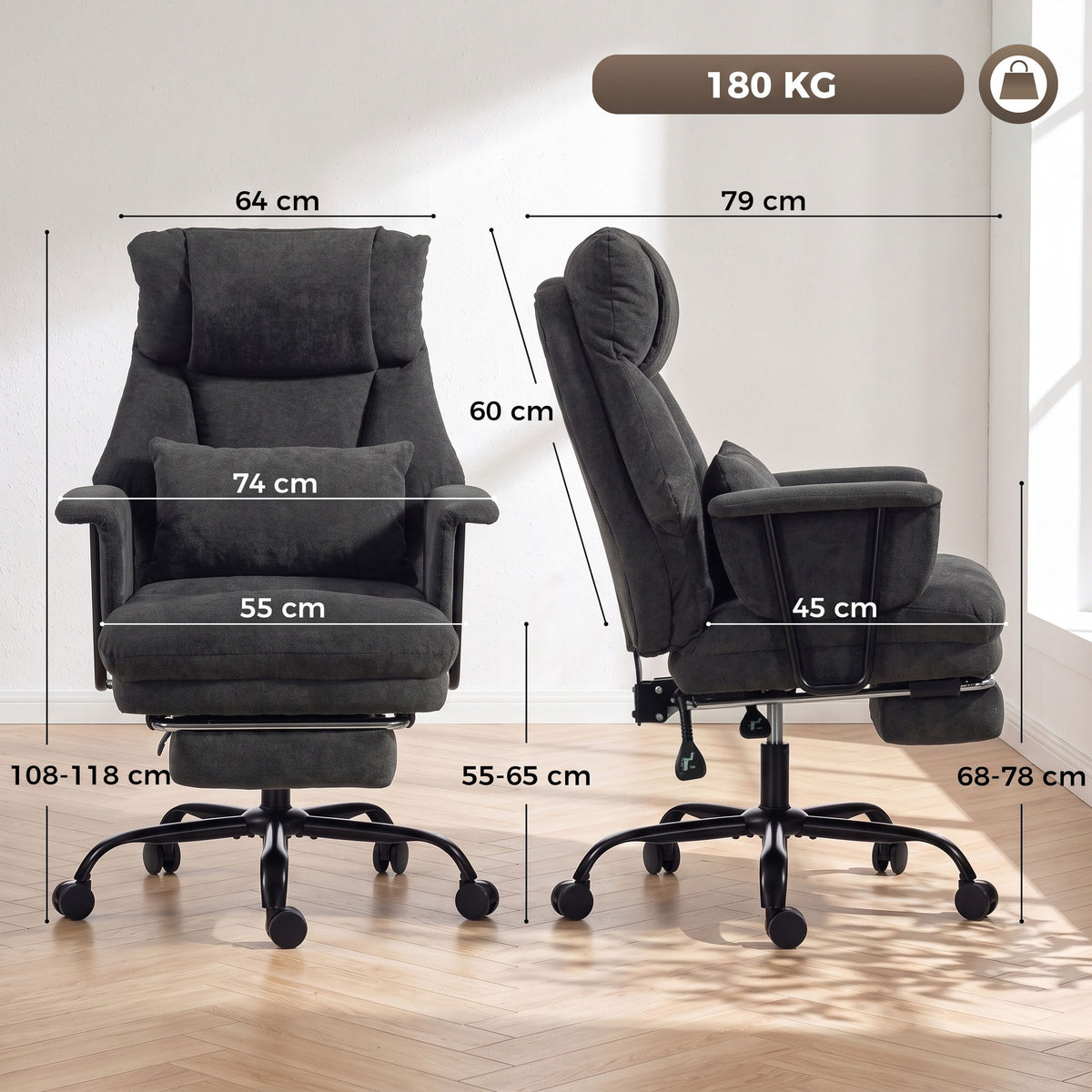 Office Chair, 180kg Heavy Duty Linen Computer Desk Chair with Lumbar Support, Wide Seat, Spring Cushion