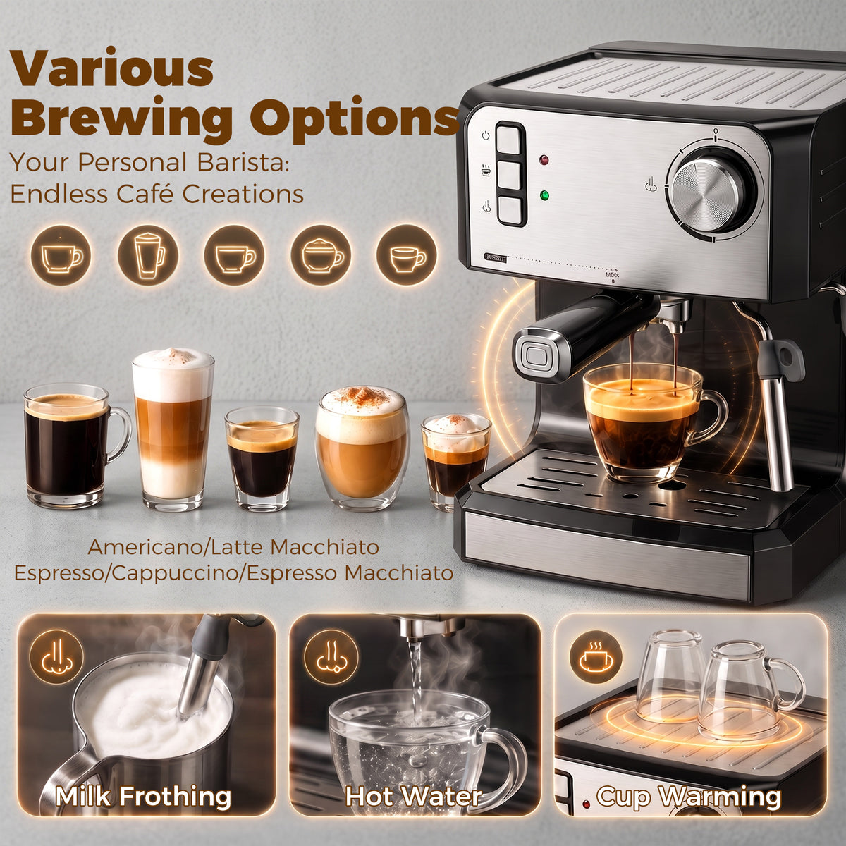 Espresso Machine, 20-Bar Semi Automatic Cappuccino Coffee Maker with Frother Wand, 1.6 L Water Tank, Black