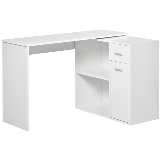 L-Shaped Desk, Corner Computer Desk, Adjustable Study Table with Storage Shelf, Drawer and Cabinet, Workstation for Home Office, White Wood Grain