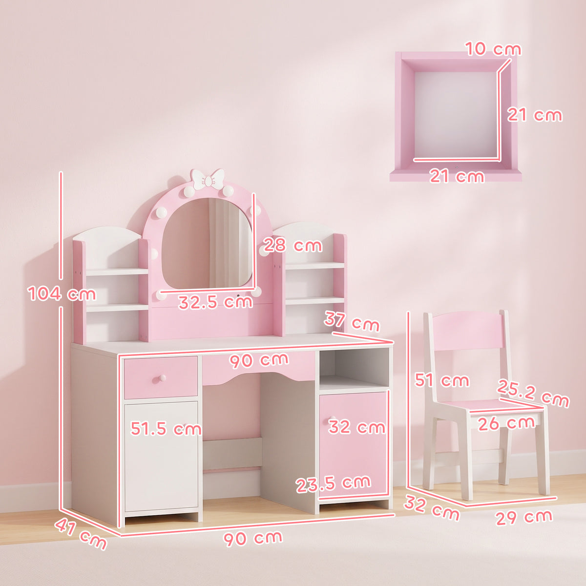 Kids Vanity Set, Kids Dressing Table with Stool, 2-Colour Lights Mirror, Cabinet, Drawer and Shelves, Pink