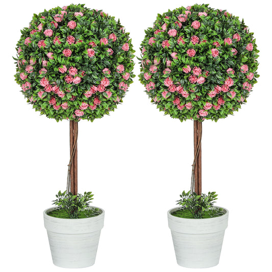 Set of 2 Decorative Artificial Plants, Ball Topiary Tree with Rose Flower in Pot, Fake Plants for Home Indoor Outdoor Decor, 60cm