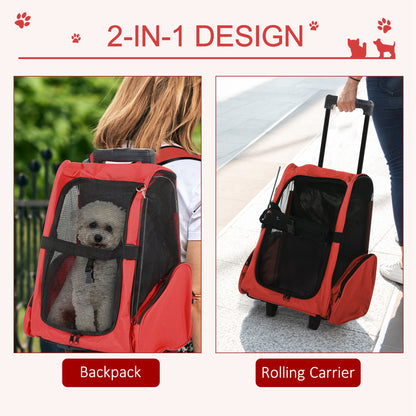 2 in 1 Dog Backpack and Trolley, Pet Travel Backpack Cat Dog Carrier with Telescopic Handle, Portable Pet Stroller Wheel Luggage Bag (Red)