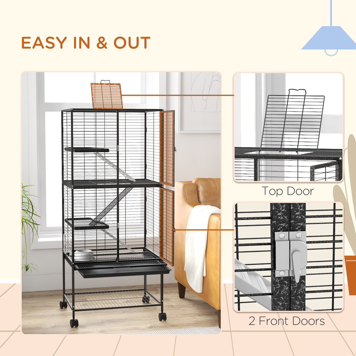 Rolling Chinchilla Cage, Small Animal Cage for Ferrets w/ Three Doors, Storage, Shelf, Tray, Bowl, Water Bottle