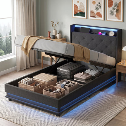 3ft Single Bed Frame with Headboard, Platform Bed Frame with Hydraulic Storage, LED Lights and Charging Station, Black