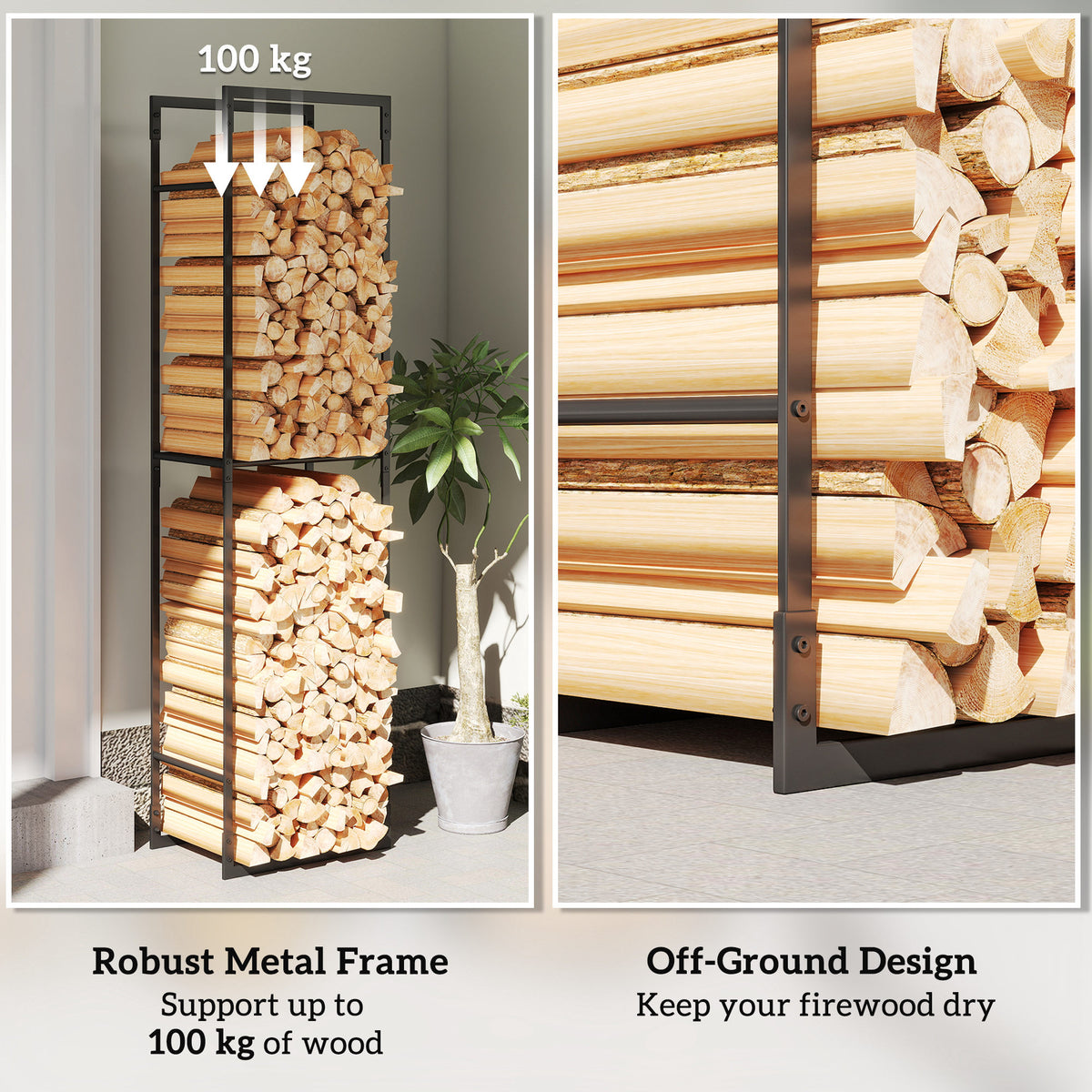 Metal Firewood Log Holder, Heavy Duty Firewood Rack with Adjustable Shelf, Indoor Outdoor Fireplace Wood Storage Shelf, 45 x 31 x 170 cm, Black