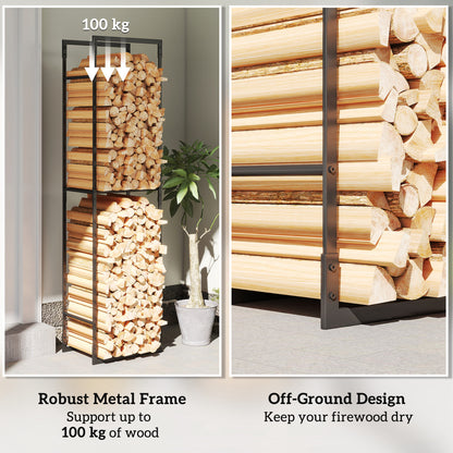 Metal Firewood Log Holder, Heavy Duty Firewood Rack with Adjustable Shelf, Indoor Outdoor Fireplace Wood Storage Shelf, 45 x 31 x 170 cm, Black
