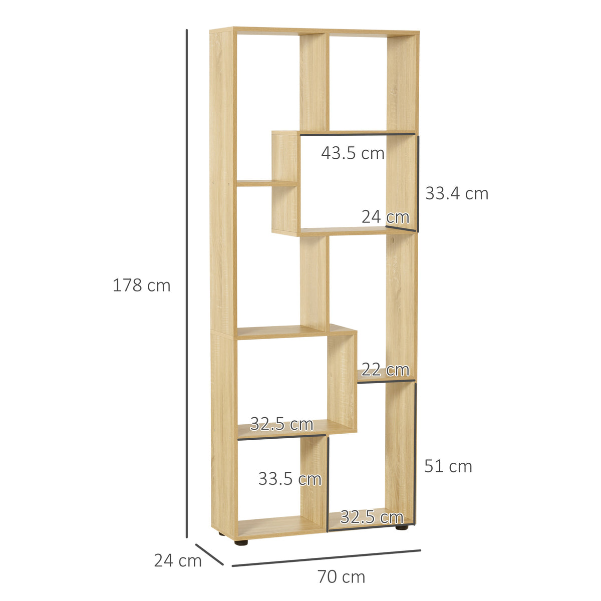 Bookshelf, Tall Bookcase, Modern Room Divider, 8 Cube Storage Unit, Freestanding Storage Shelf for Living Room, Bedroom, Home Office, 70 x 24 x 178 cm, Natural