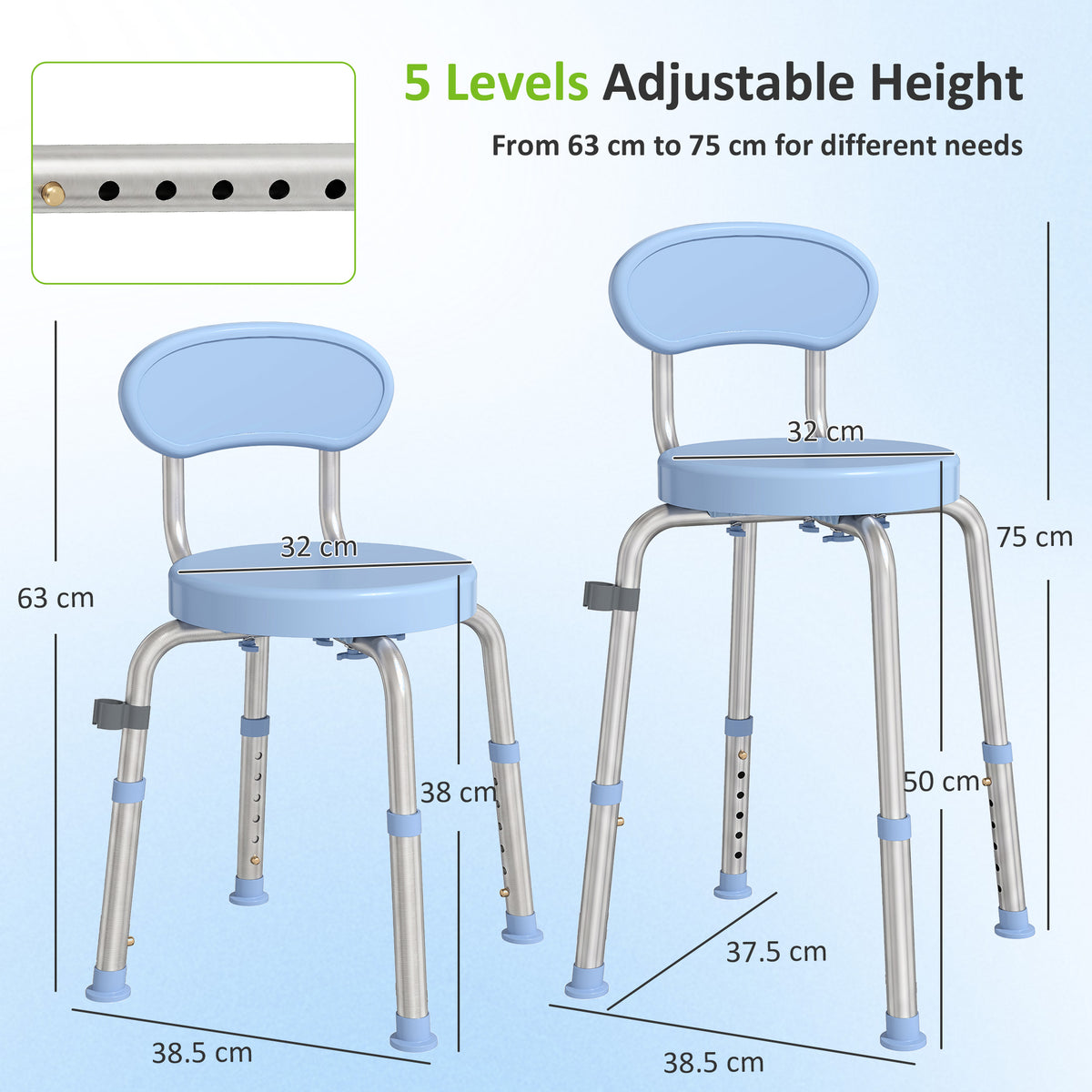 360° Swivel Shower Stool with Aluminium Frame, 5-Level Adjustable Height, Backrest, Non-Slip Shower Chair for Elderly